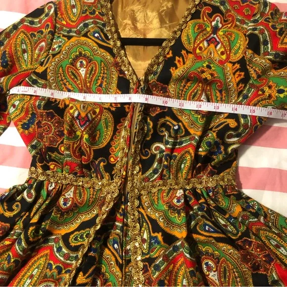 Vintage 60s 70s Psychedelic Paisley Palazzo Jumpsuit Gold Rick Rack Trim S-XS - Picture 8 of 12